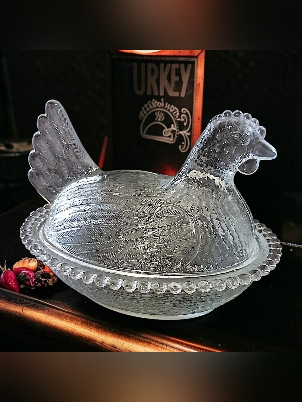 Indiana Glass Clear Hen On Nest Scalloped Bead Edge Covered Candy Dish Vintage